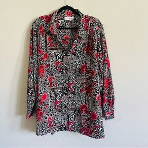 C.S.T Studio woman's 4X button down blouse top red floral flowy business casual